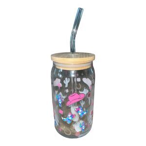 Cowgirl Disco Ball Beer Soda Glass with Lid & Straw Graphic Boots All Over Print